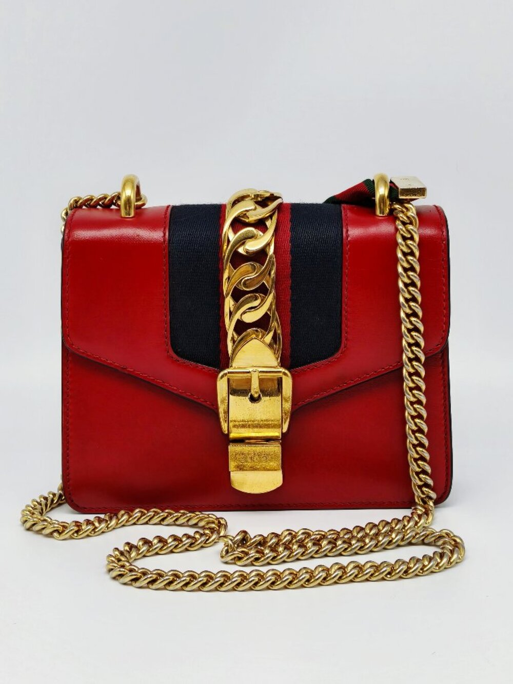 Gucci Sylvie Red Leather Web Chain Shoulder Bag Gold Hardware